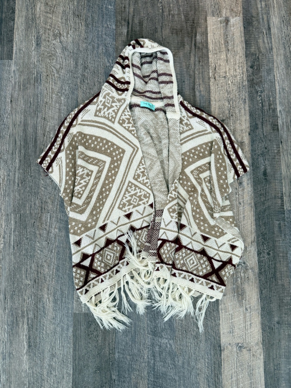The Nines Aztec Print Fringe Poncho in Beige Cream Burgundy Hooded Oversized M/L